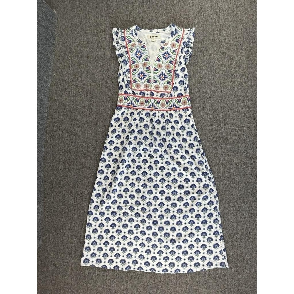 Boden Dress Womens 2 Embroidered Floral Ruffle Sleeve Midi Boho Sundress